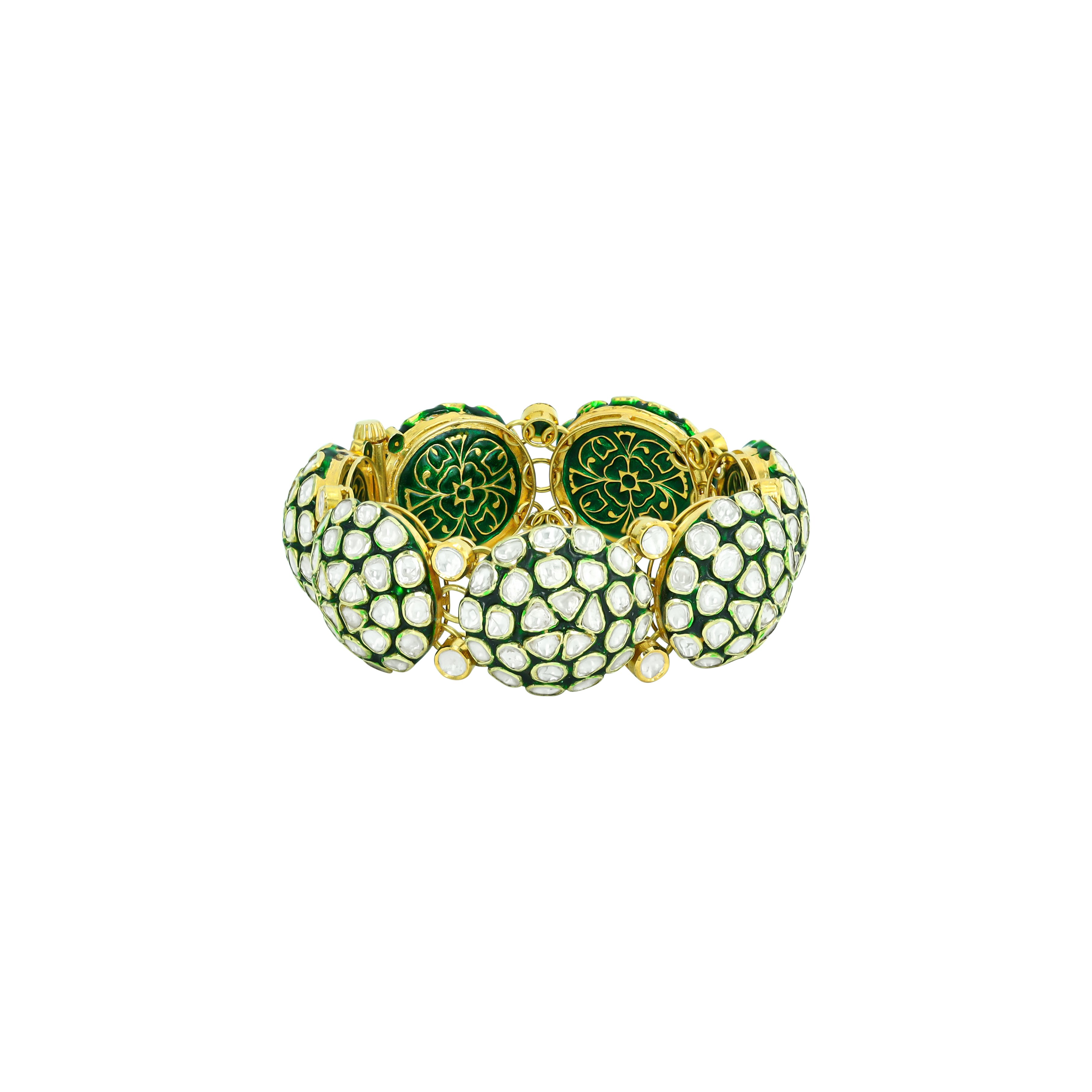 Dome Polki Cluster Bracelet with Green Enamel